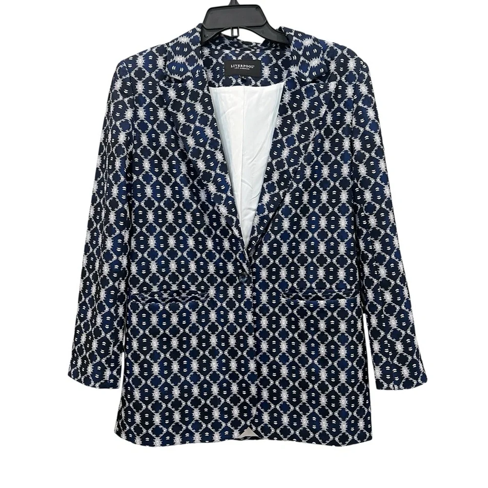 Liverpool Boyfriend Blazer Geometric Batik Button Front Jacket Blue White S NWT